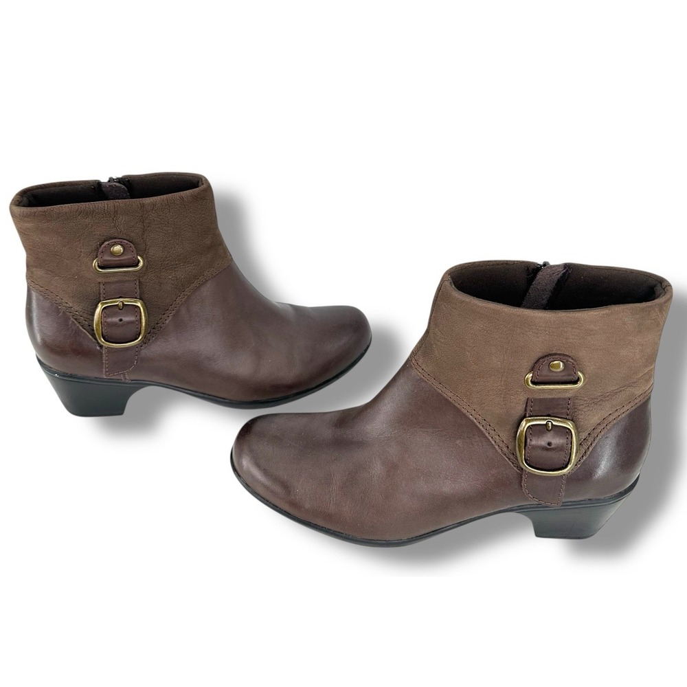 Clarks Ingalls Dover Brown Leather Ankle Boots Women's 9M Side Zip Buckle Comfy